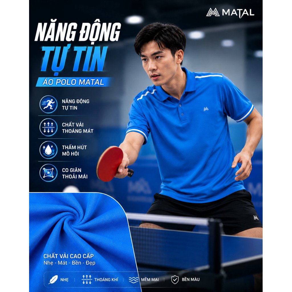 Áo Polo Nam MATAL-MAPL16-Coolmax Thoáng Mát Màu Xanh Dương Slimfit