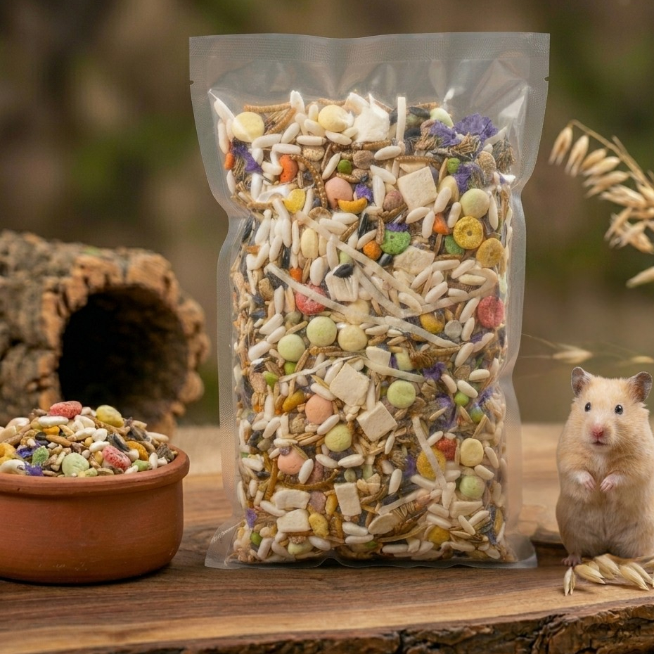 Thức Ăn Trộn Hamster rang bơ VIP Siêu Ngon - Đầy Đủ Sâu Khô, Ức Gà, Cá Sợi - Giúp Bé Béo Mầm, Lông Mượt (Túi 500g/1kg)