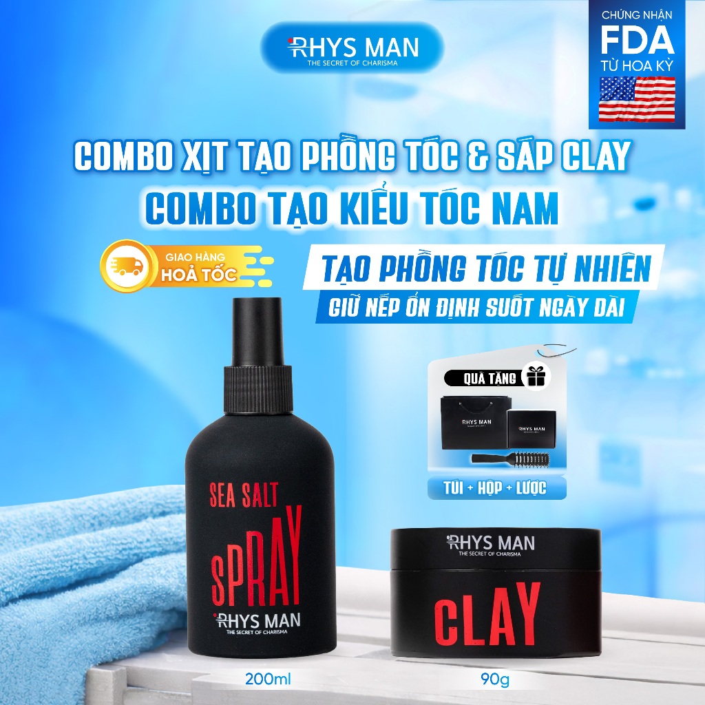 Combo - Xịt tạo phồng tóc 200ml & Sáp vuốt tóc 3S Airy Texture Clay 90g Rhys Man