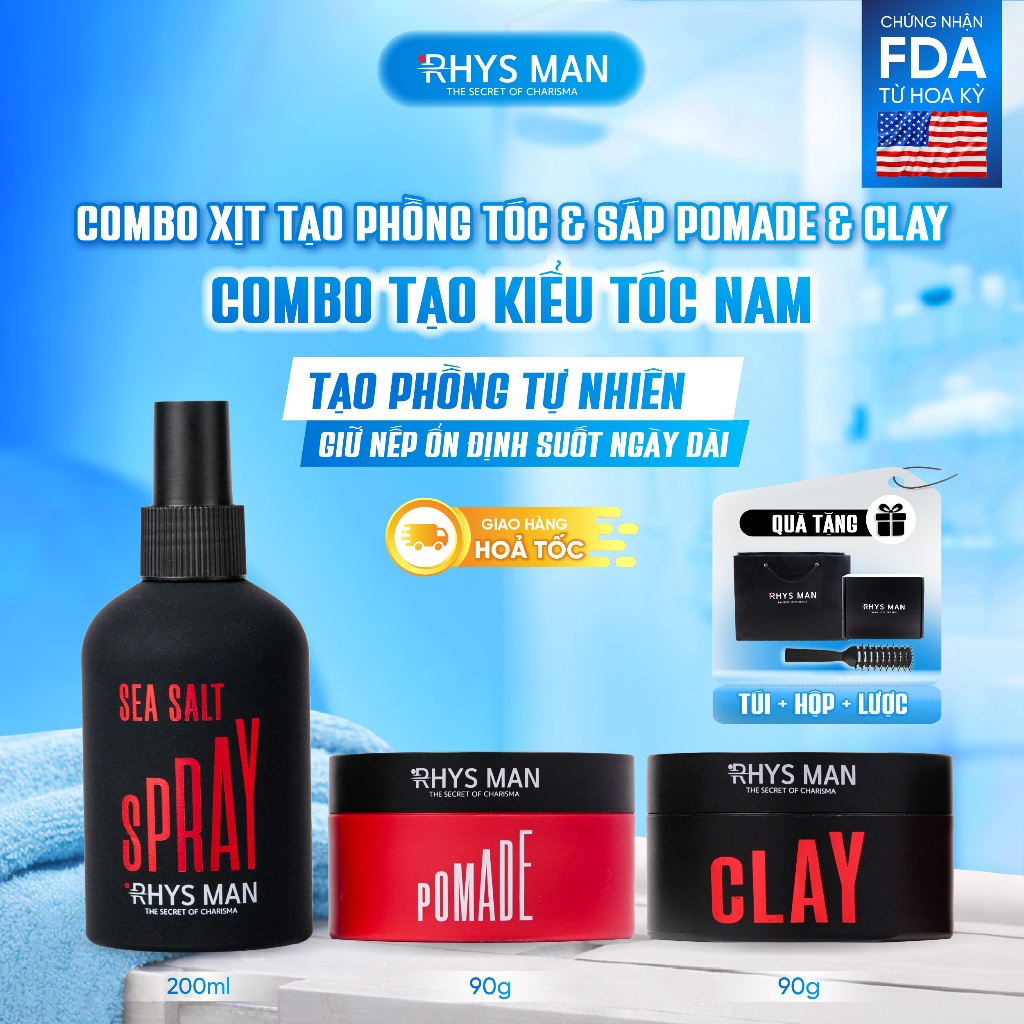 Combo - Xịt tạo phồng tóc 200ml & Sáp vuốt tóc Pomade & Sáp vuốt tóc 3S Airy Texture Clay 90g Rhys M