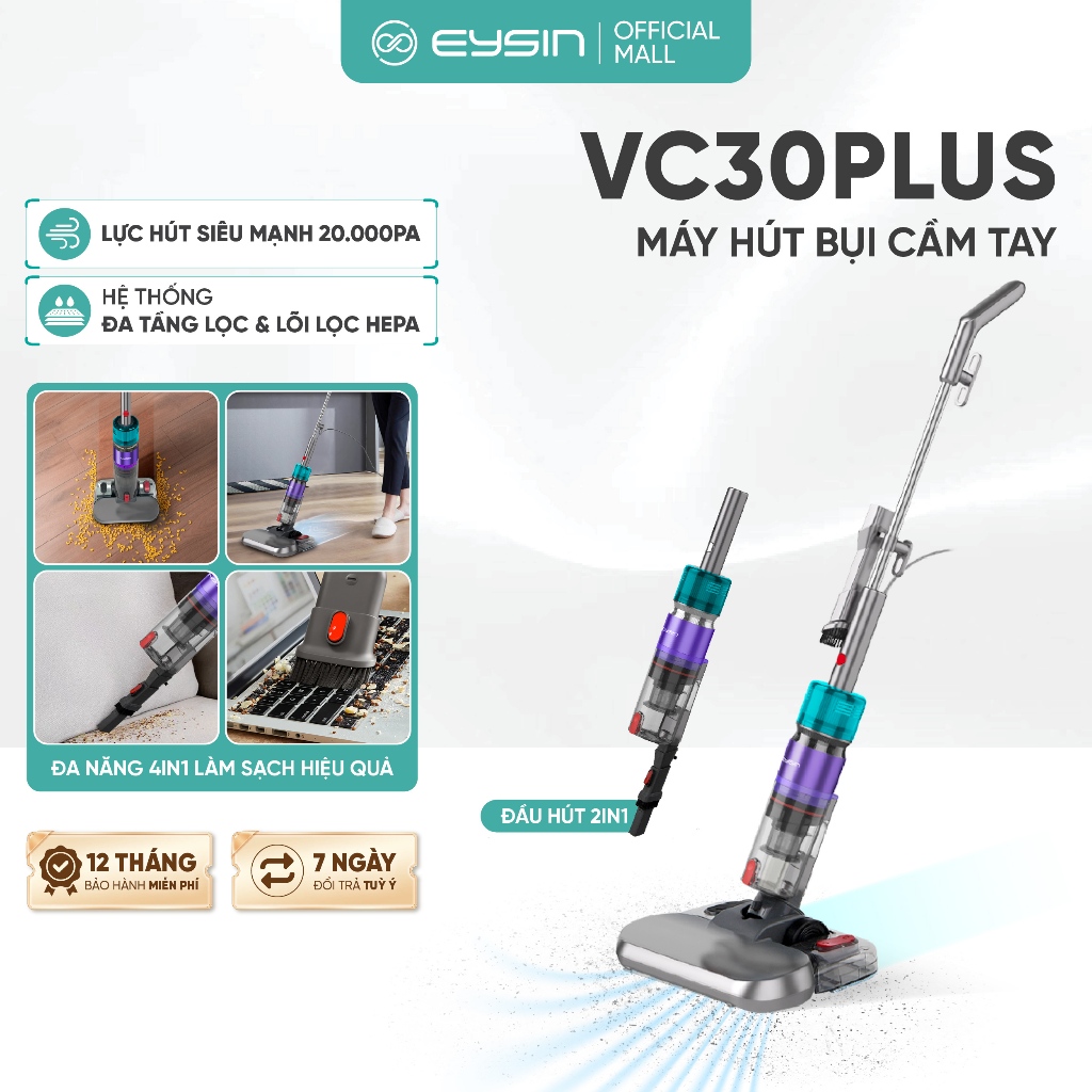 Máy hút bụi có dây EYSIN VC30Plus, Công suất 500W, Lực Hút 20k PA, Lõi lọc HEPA 0.25 micron