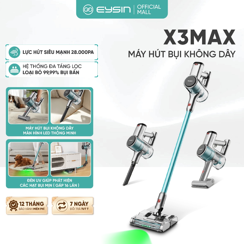 Máy hút bụi cầm tay không dây 4in1 Eysin X3MAX kèm đầu hút giường nệm với phân loại - Bảo Hành 12 Th