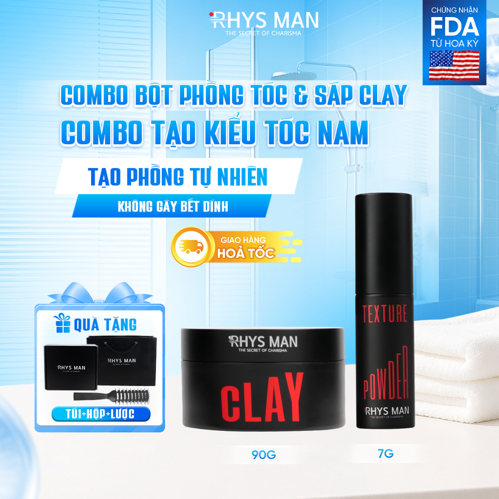 Combo - Bột phồng tóc 7g & Sáp vuốt tóc 3S Airy Texture Clay 90g Rhys Man