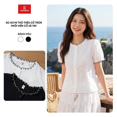 Áo sơ mi nữ CARDINA chất liệu thô thêu cổ tròn phối viền cổ và tay 6ASC17
