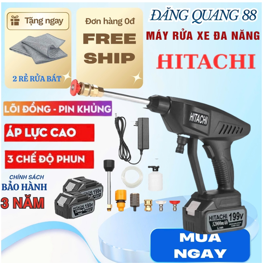 Máy Rửa Xe Cầm Tay Hitachi Pin 199V, Máy Xịt Rửa Xe Mini Áp Lực Cao Tiện Lợi công suất lớn HOT 2026