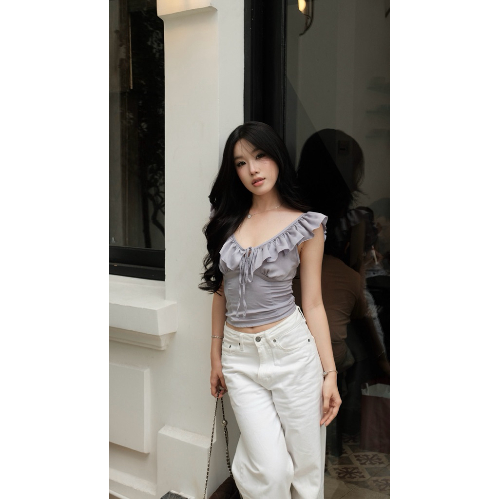 LIBEROSIS - Áo lụa mỏng viền bèo buộc nơ sau KEYSA TOP | BigBuy360 - bigbuy360.vn
