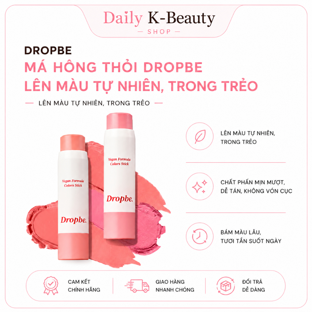 (DROPBE 02,03) Má hồng thỏi Dropbe Vegan Formula Colors Stick 3in1 – Lên màu tự nhiên kiểu Hàn