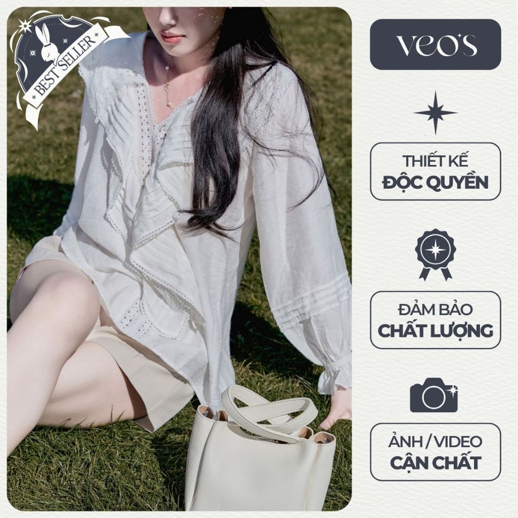 Áo Sơ Mi Trắng Kiểu Nữ Phối Bèo Tay Dài Xòe Chữ V Form Rộng Dáng Dài Thanh Lịch Đi Học, Đi Làm, Đi Chơi - Jasmine Blouse