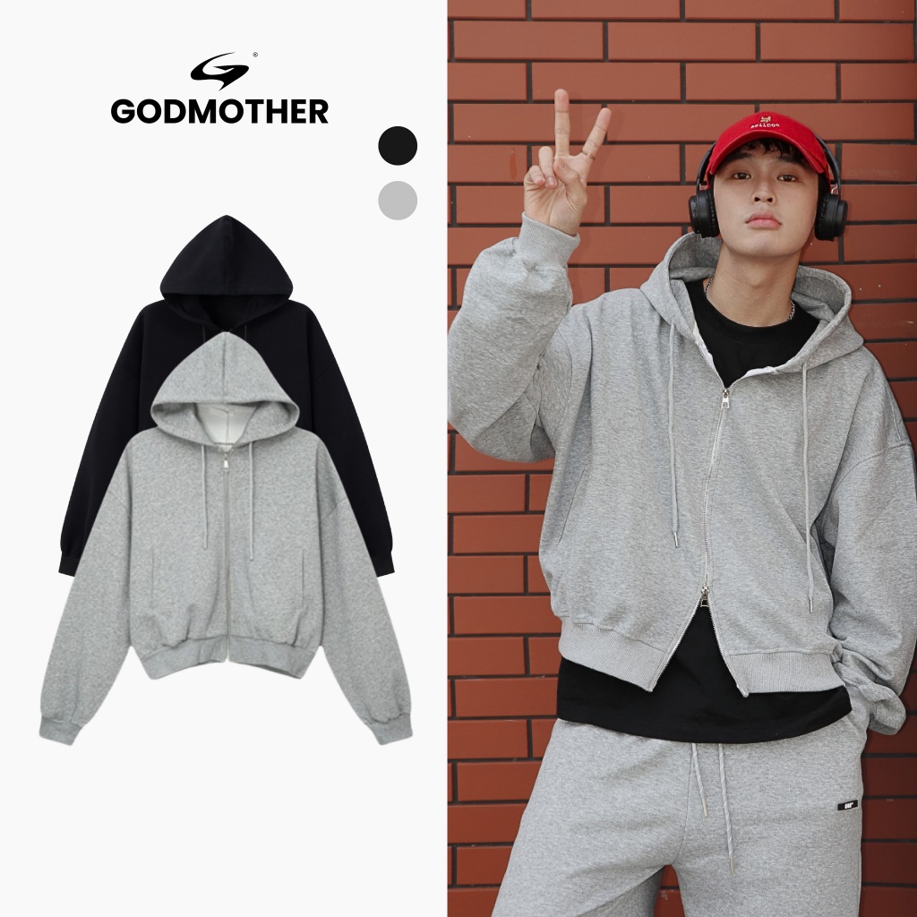 Hoodie Zip Form Boxy GODMOTHER Nỉ 2 Da Khóa 2 Đầu Chống Nắng Unisex Phong Cách Hàn Quốc Đen - Xám | BigBuy360 - bigbuy360.vn