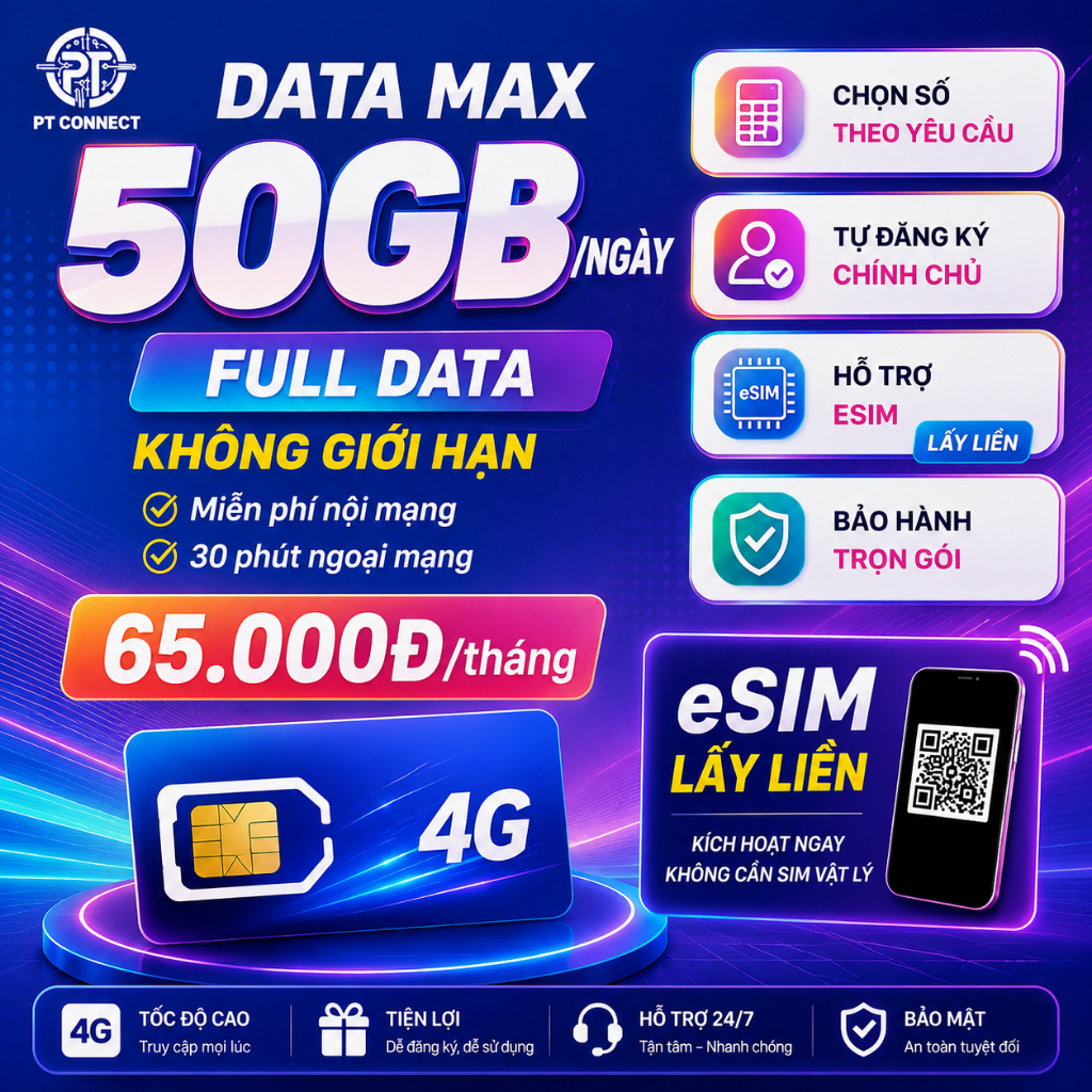 Sim 4G 50GB/Ngày Vietnamobile – Hời ProMax – 30 Phút Ngoại Mạng, eSIM Lấy Liền