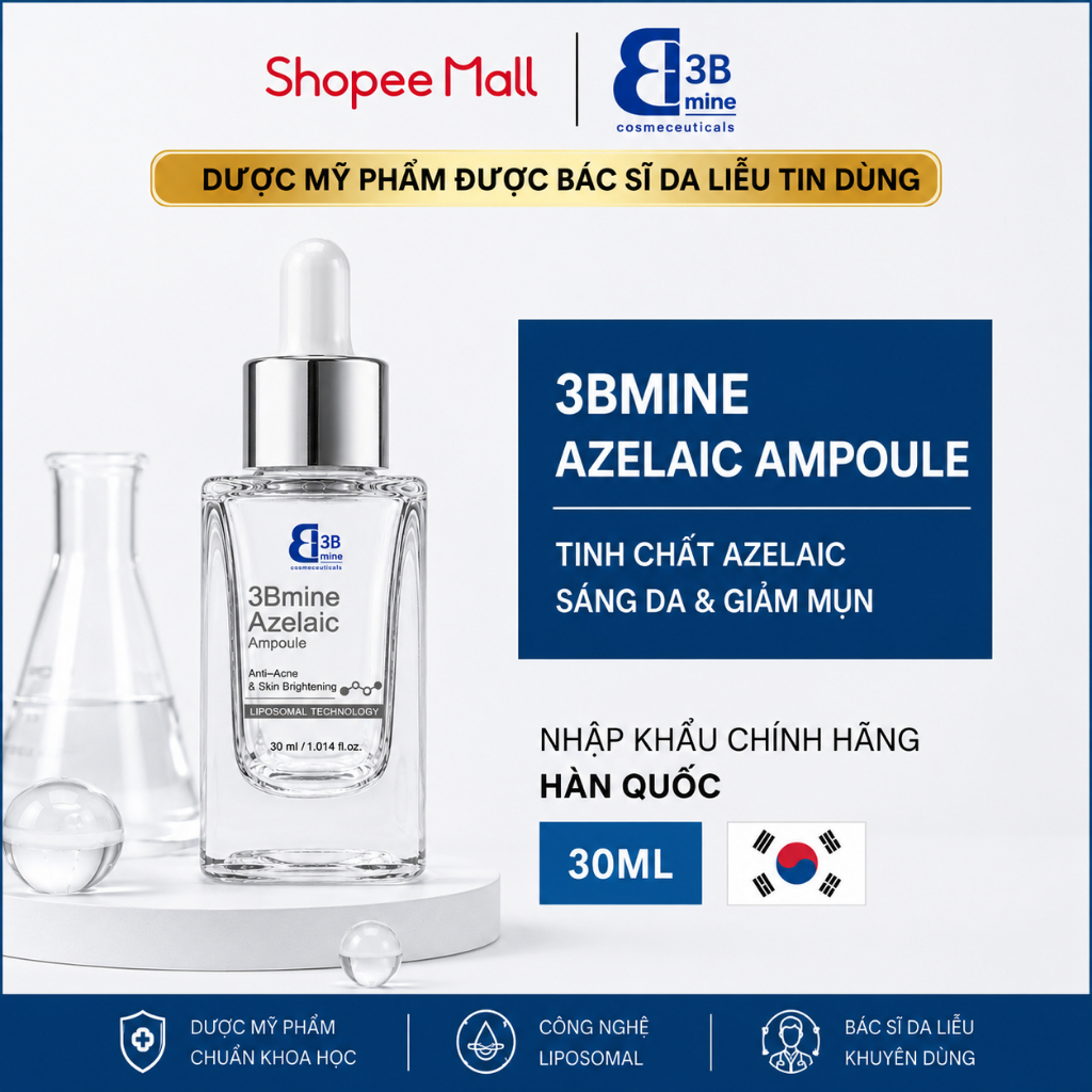 Tinh chất Azelaic 3Bmine  Dưỡng Da Sáng Mịn, Giảm Thâm Mụn, Kiềm Dầu 30ml 3B06