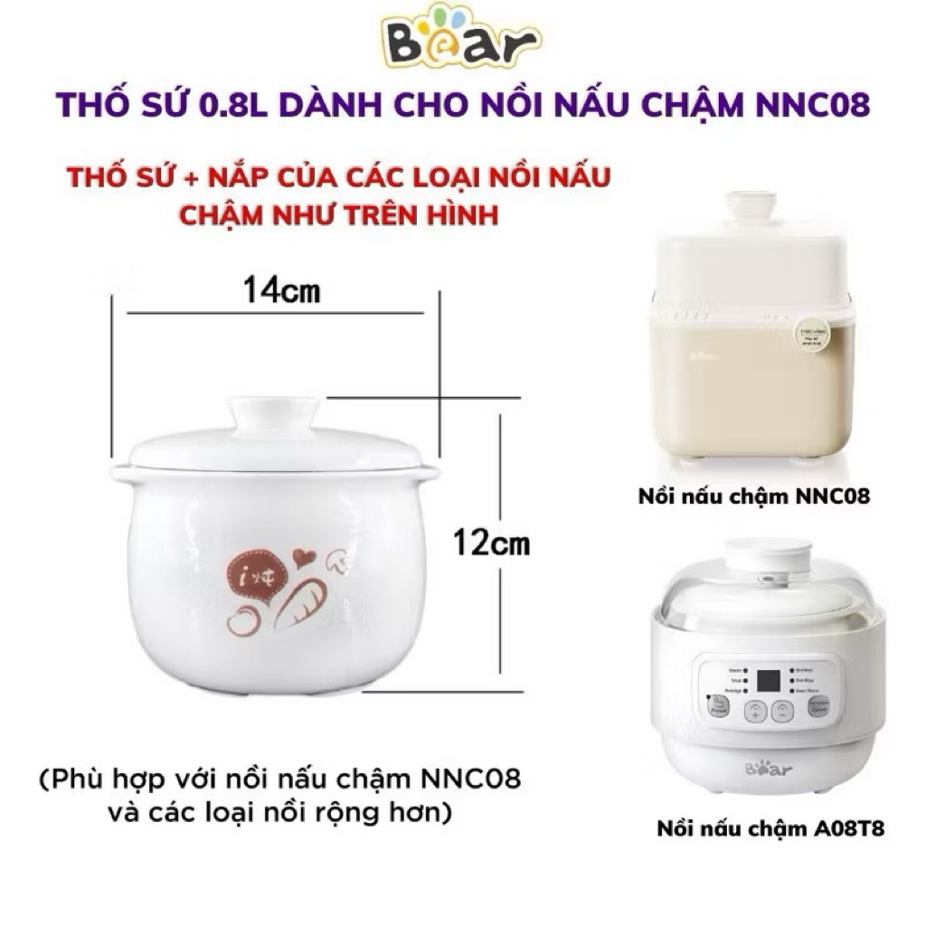Nắp sứ,thố sứ nồi nấu chậm 0.8l bản bầu Nnc08 và A08T8