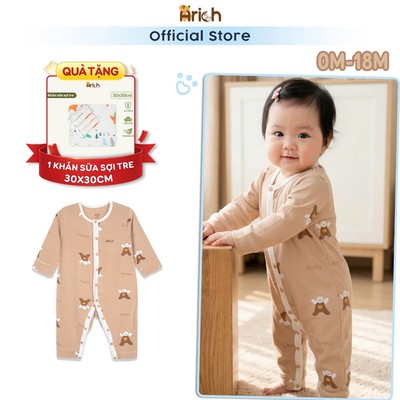 Body dài sơ sinh Arich, Body dài tay hoạ tiết Gấu Nâu, vải sợi tre petit, mềm, mịn, mát,size sơ sinh đến 18 tháng