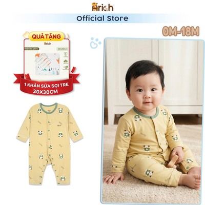 Body sơ sinh Arich, Body dài tay hoạ tiết Gấu Xanh, vải sợi tre petit, mềm. mịn, mát  cho bé 0-18 tháng