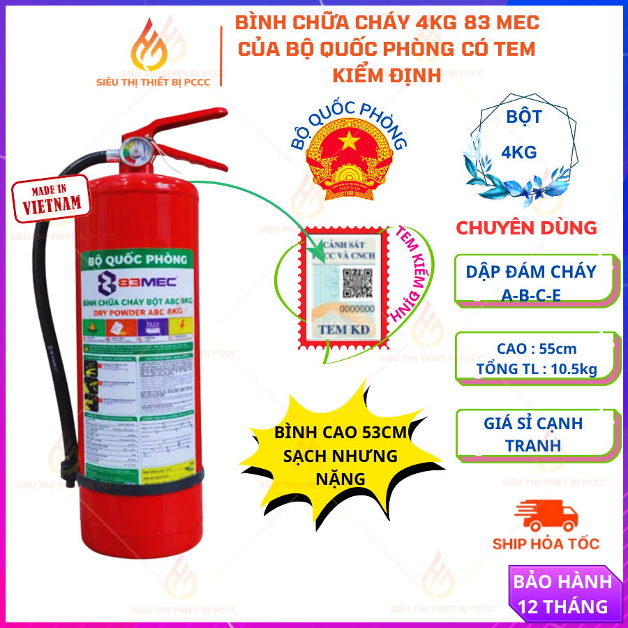 BÌNH CHỮA CHÁY BỘT ABC 4KG 83MEC/BQP CÓ TEM KIỂM ĐỊNH