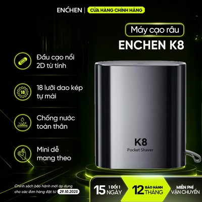 Máy cạo râu Enchen K8 đầu cạo 2D chống nước, 18 lưỡi dao tự mài, pin dùng đến 60 ngày - BH 12 tháng