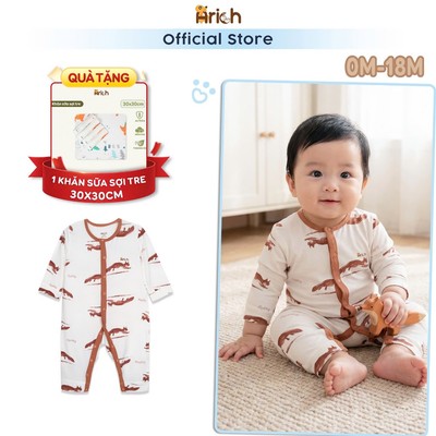 Body sơ sinh arich ,Body dài tay hoạ tiết Sóc Đỏ, vải sợi tre petit, mềm, mịn, mát, size newborn-18 tháng
