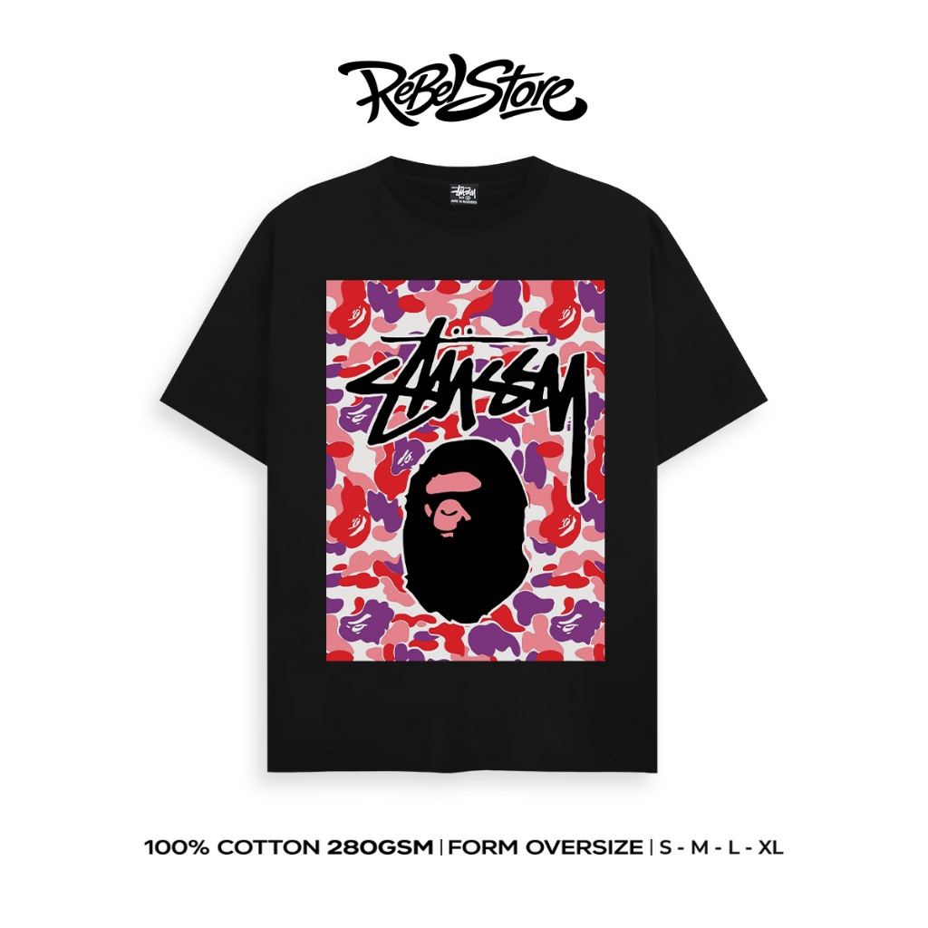 Áo Thun Stussy Bape Camo Face Form Rộng Unisex Cotton 280GSM – REBEL STORE