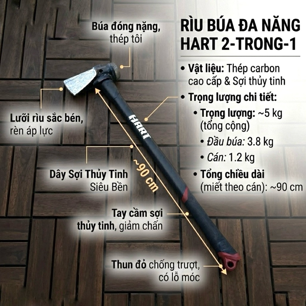 Búa HART MỸ 1 Đầu Tạ - 1 Đầu Rìu - Dài 90cm Nặng 5kg- Hàng Bãi Tuyển