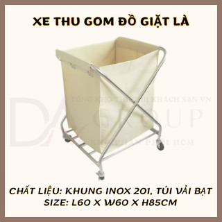 [HỎA TỐC HCM] Xe Đẩy Inox Thu Gom Đồ Giặt Là Khách Sạn 1 Ngăn Khung Chữ X Gấp Gọn