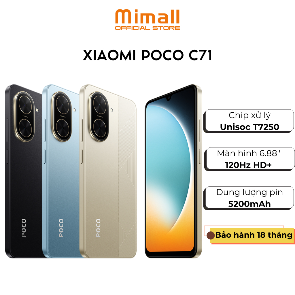 Điện thoại Xiaomi POCO C71 (4GB|128GB) | (3GB|64GB) | Pin 5200mAh | Màn 6.88" | Hàng chính hãng | Bả