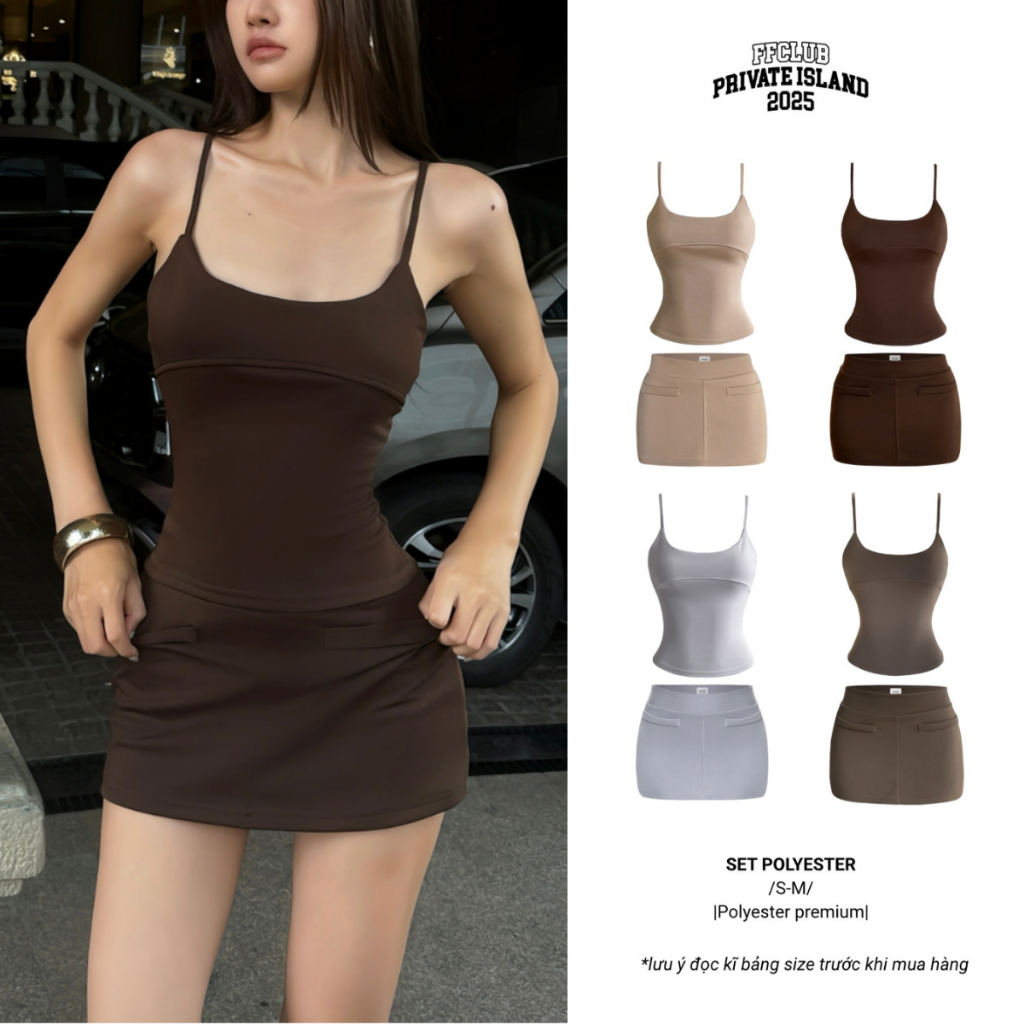 SET ÁO TANKTOP 2 DÂY THUN POLY CHIẾT EO KÈM CHÂN VÁY POLY FFCLUB MIX
