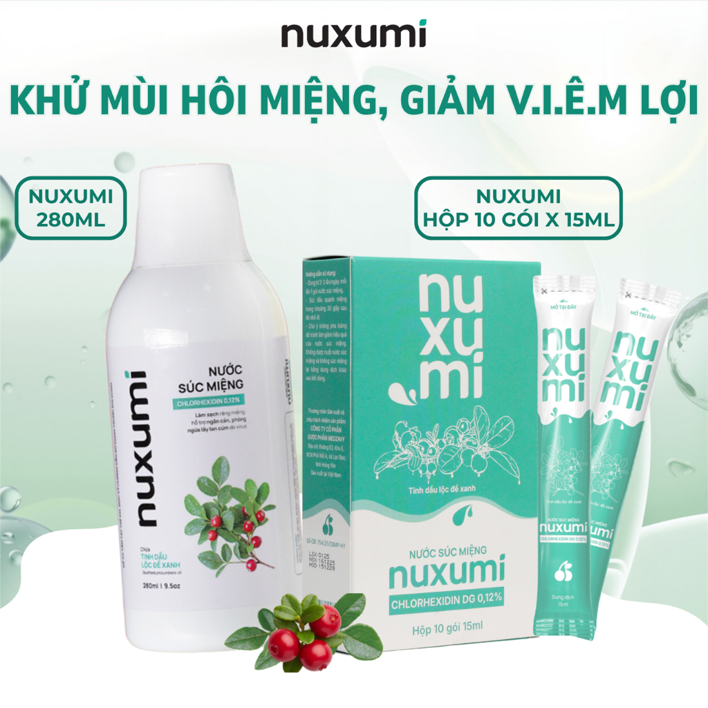 Combo Nước Súc Miệng Nuxumi Chai 280 ml  & Hộp 10 Gói 15ml Chlohexidine 0.12% Không Cồn, Giảm Hôi Mi