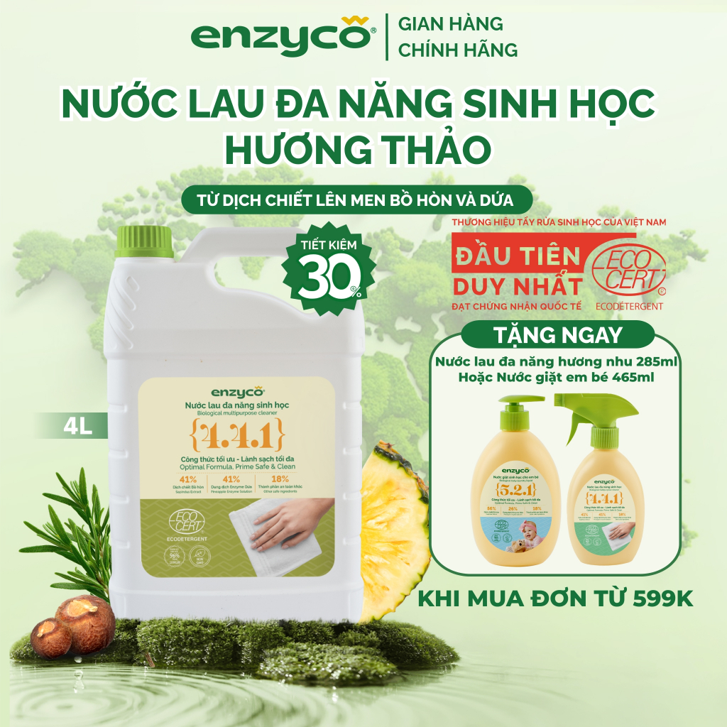 Nước Lau Đa Năng Sinh Học ENZYCO Từ Bồ Hòn và Dứa Đạt Chứng Nhận ECODETERGENT - ECOCERT 4L