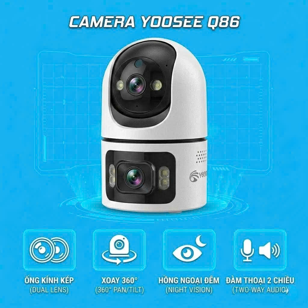 Camera Yoosee 2 Mắt Trong Nhà Q86/Ngoài Trời QT36 Xem 2 Màn Hình,Xoay 360,Đêm Có Màu,Báo Động