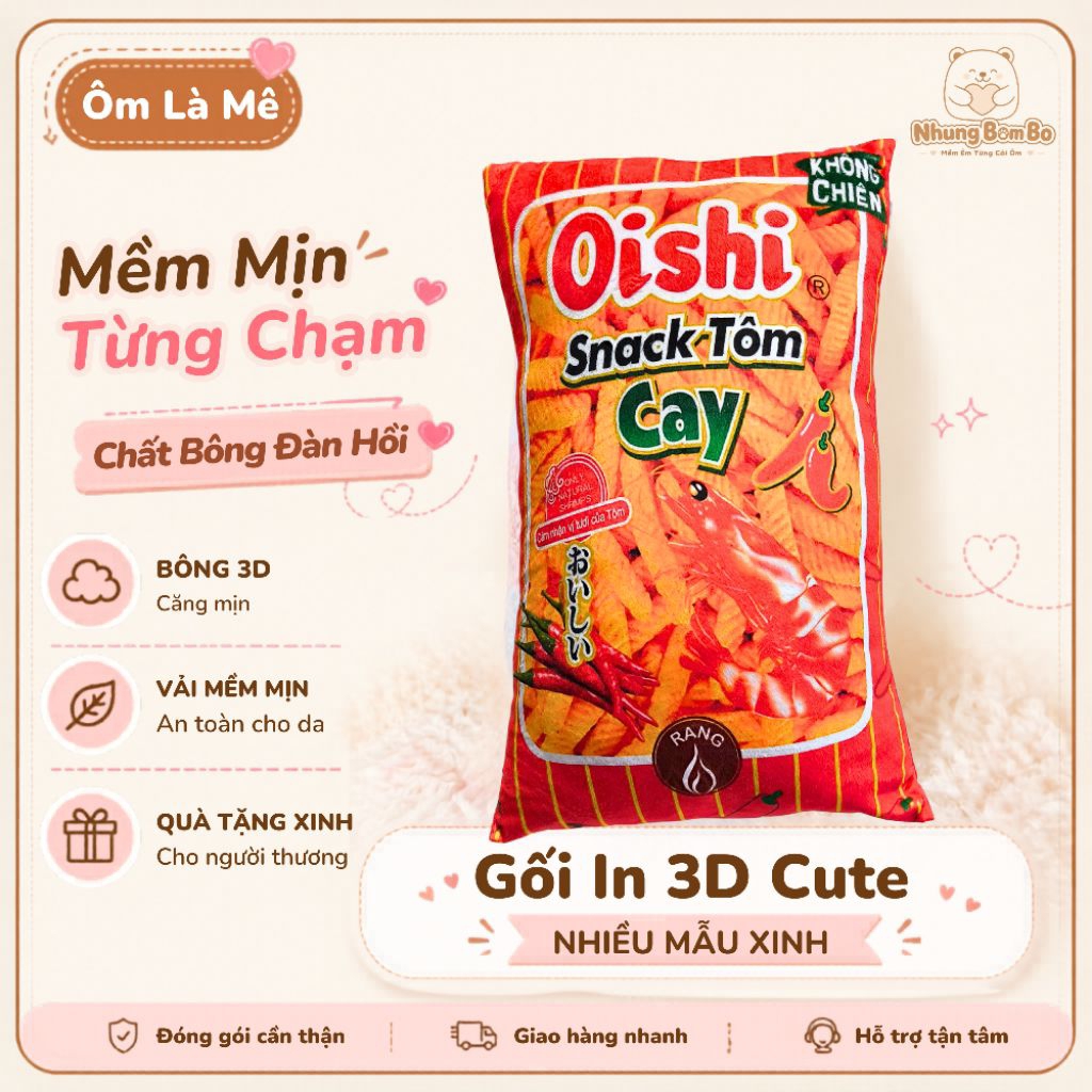 Gối in 3D in hình snack oishi cay, gấu bông bịch bánh oishi êm ái