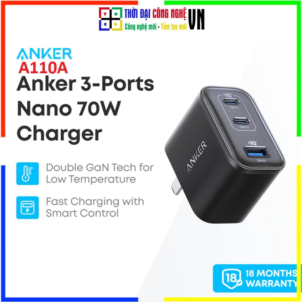 Củ Sạc Anker Nano 70W A121A - Sạc Nhanh 3 Cổng 2C1A Siêu Nhỏ Gọn - Bảo Hành 18 Tháng Viettel Chính H