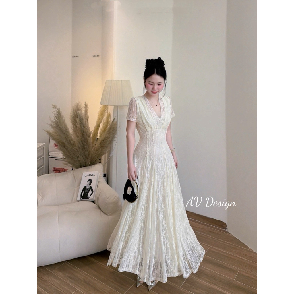 Váy Nữ Đầm Ren Dáng 130cm Dài Phối Tơ Hàng 2 Lớp Chuẩn Form Kèm Ảnh Thật Shop Tự Chụp Màu Trắng Kem 