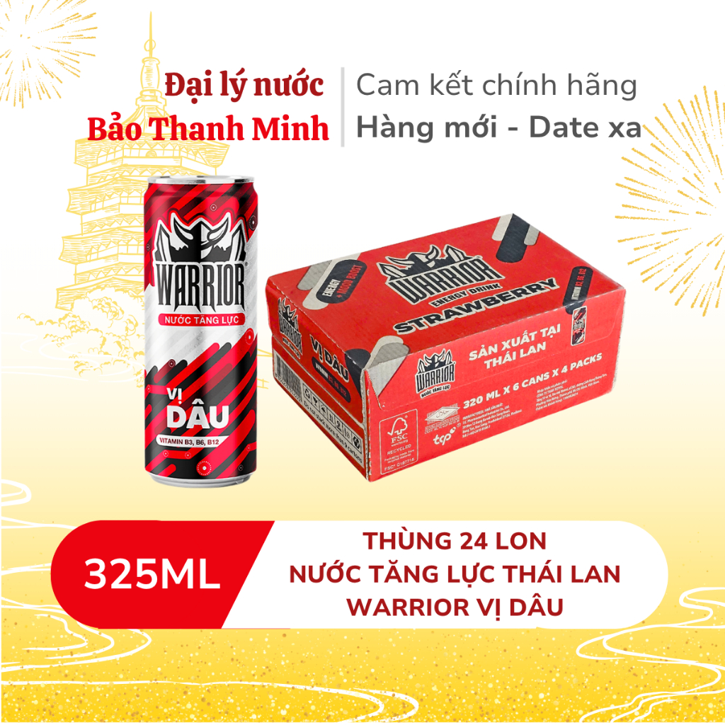 [HOẢ TỐC] Nước tăng lực Thái Lan Warrior Dâu 325ml (Thùng 24 lon) (Date xa)
