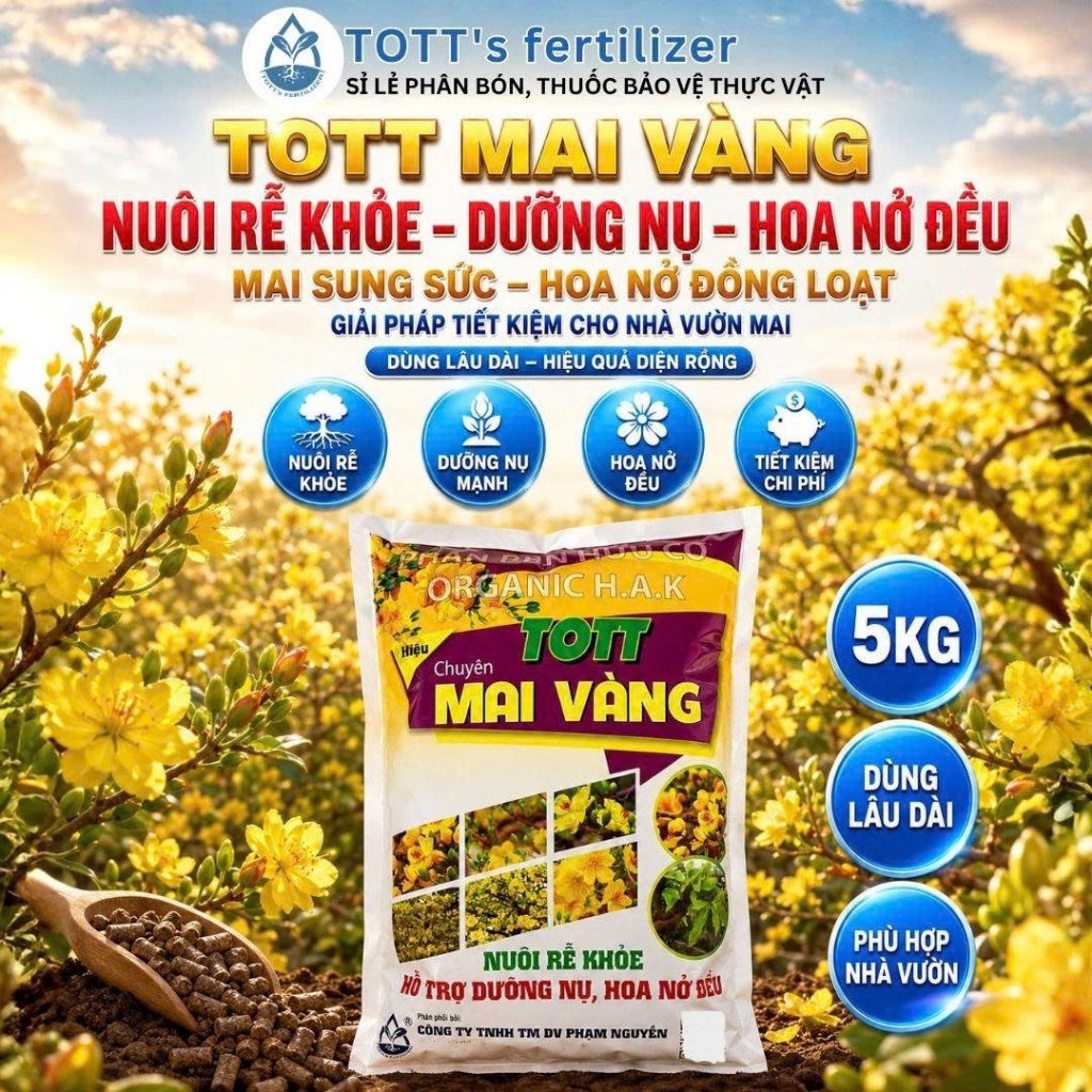Phân bón Mai vàng, bao 5kg, Dưỡng cây, đâm chồi, ra rễ mạnh, Phân Bón TOTT Mai vàng
