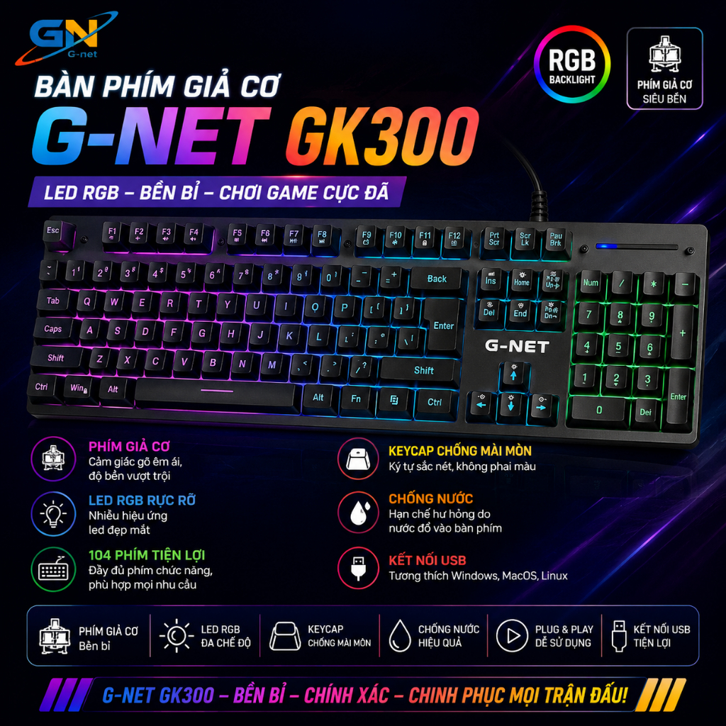 Thanh lý bàn phím giả cơ G-Net GK300 RGB fullsize chính hãng loại 1 giá cực tốt