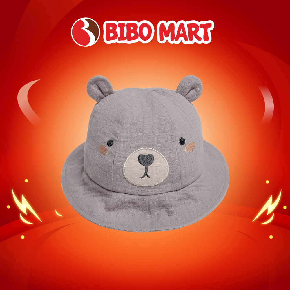 Mũ Bo Vành Bé Trai Bibo’s Vải Xô Ghi Thêu Gấu Dễ Thương Cho Bé - Bibo Mart
