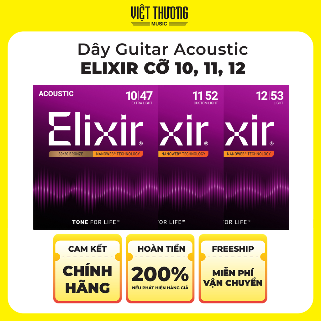 Dây Đàn Guitar Acoustic Elixir 80/20 Bronze Size 10, 11, 12 Lớp Phủ Nanoweb Chính Hãng Phân Phối