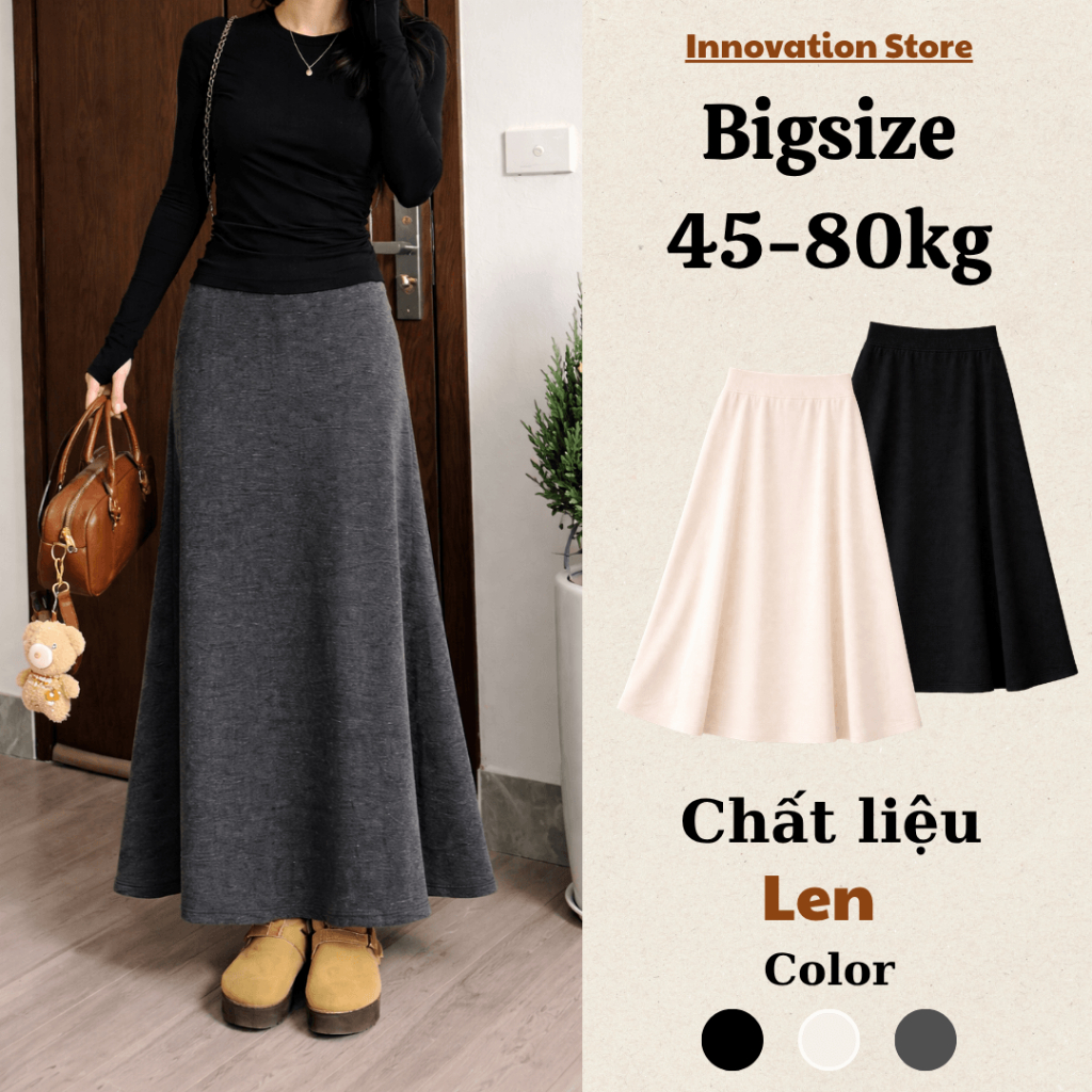 Chân Váy Dài, Chân Váy Đuôi Cá Chữ A Dáng Dài Chất Len Dệt Kim Màu Trơn Đen Trắng Xám BIGSIZE Basic Mặc Thu Đông TA-523