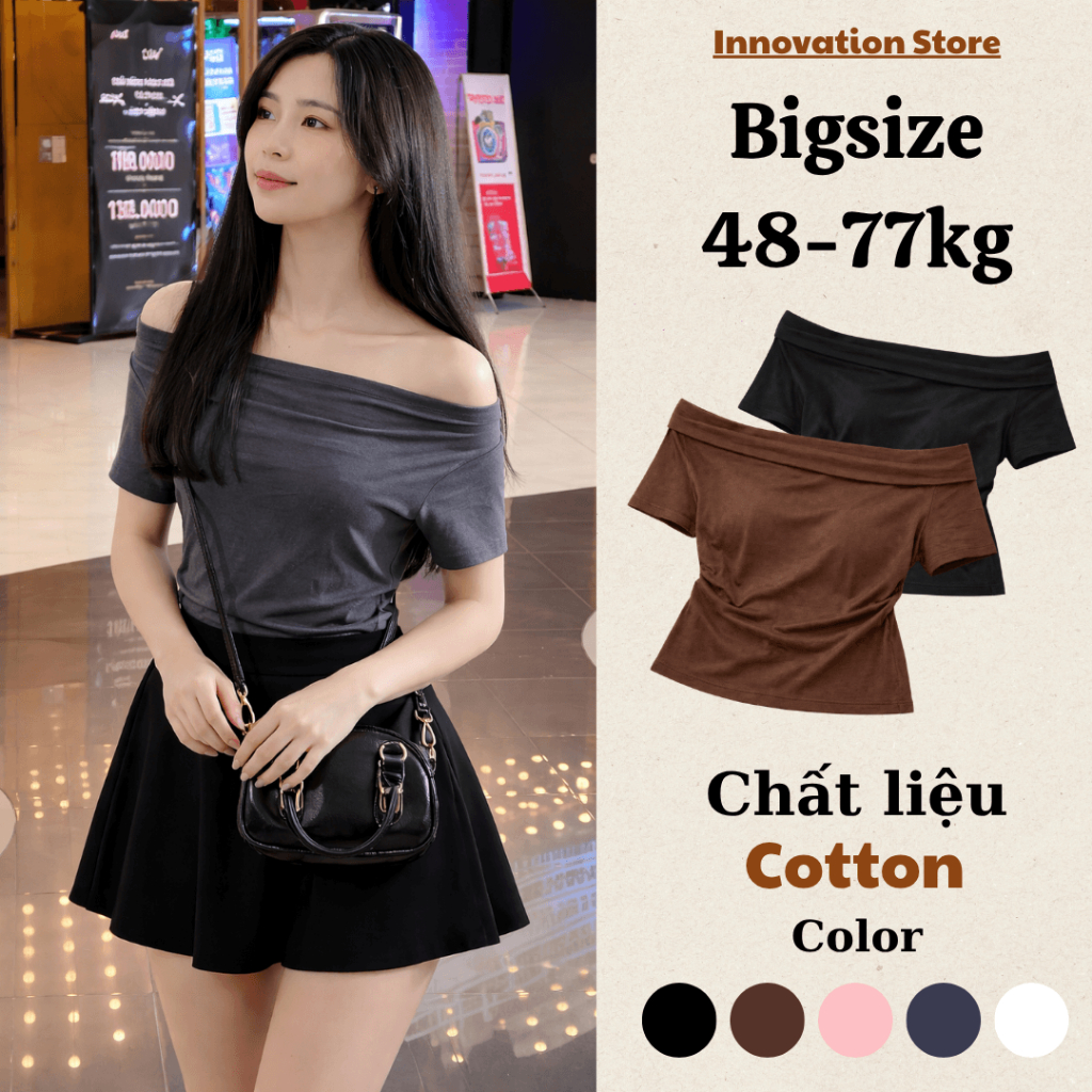 Áo Thun Cotton Giãn Cổ Đổ Ngắn Tay INNO, Áo Kiểu BIGSIZE Nhún Eo TA-184 | BigBuy360 - bigbuy360.vn