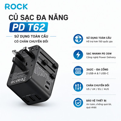 Củ sạc nhanh đa năng sạc toàn cầu 33w Rockspace T62 có chân chuyển đổi hàng chính hãng BH 12 tháng