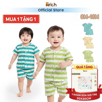 Bộ cộc tay sơ sinh Arich , thiết kế cộc cài thẳng họa tiết sọc vải sợi tre Arich mềm, mát,Newborn- 18 tháng