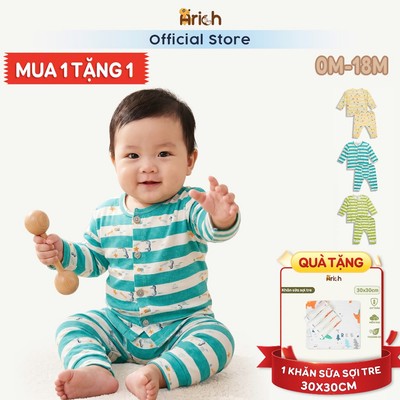 Newborn-18 tháng, Bộ dài tay sơ sinh Arich , thiết kế cài thẳng sọc họa tiết vải sợi tre co giãn, mềm , mịn, mát