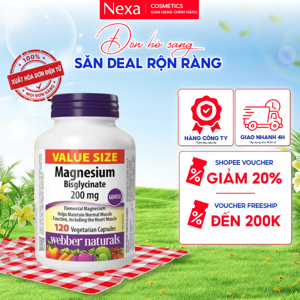 Viên uống Webber Naturals Magnesium Bisglycinate 200mg, Bổ sung Magnesium - Hộp 120 viên
