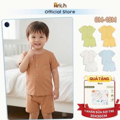 Bộ cộc tay cho bé sơ sinh Arich, thiết kế cài thẳng , petit vải sợi tre cho bé trai, bé gái size từ 0-18tháng