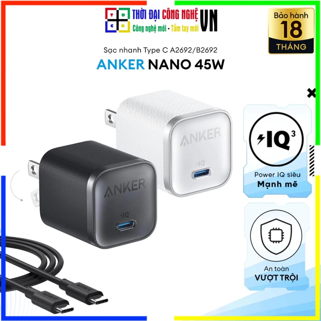Củ Sạc Anker Nano 1C 45W B2692 Kèm Cáp USB-C - Sạc Nhanh Nhỏ Gọn Chính Hãng Viettel Phân Phối - Bảo 