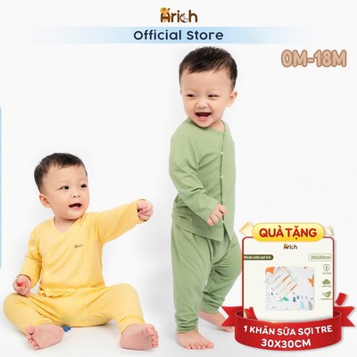 Bộ dài tay sơ sinh arich, thiết kế cài lệch Arich vải petit sợi tre, mềm, mát  cho bé trai, bé gái size 0 đến 18 tháng