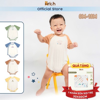 Body chip cộc tay sơ sinh Arich, thiết kế cài  lệch phối hình in cho bé trai, bé gái ,Newborn - 18 tháng ,