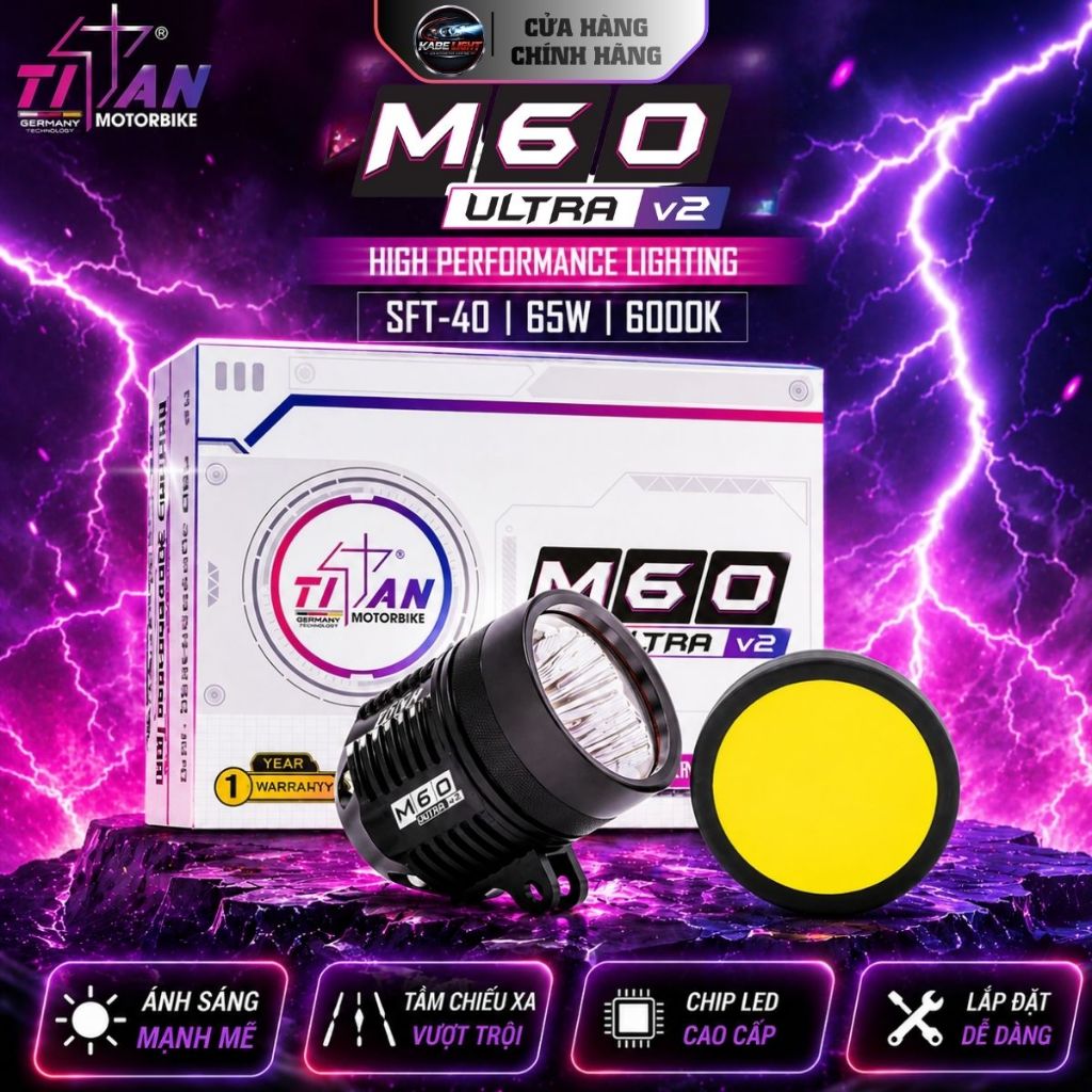 Đèn Trợ Sáng TITAN MOTO M60 ULTRA V2, Công Suất 65W Siêu Sáng, Ánh Sáng Gom Tỏa Đều - Bảo Hành 1 Năm