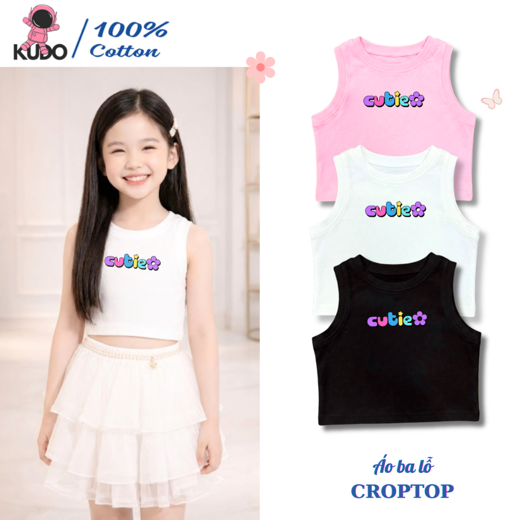 Áo croptop cho bé gái KUDO Form Ôm, hình CUTIE chất vải cotton co giãn, thoáng mát