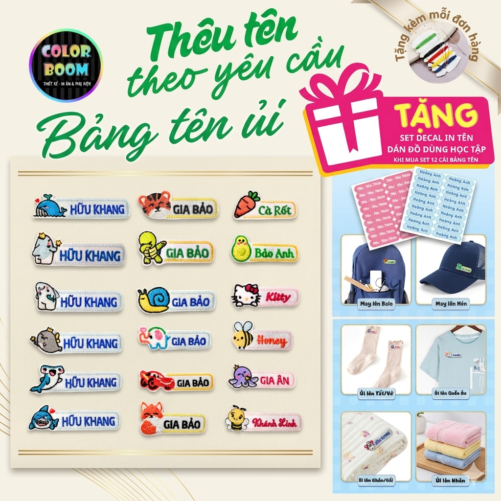 [ PATCH ỦI ] Thêu Tên Bé Theo Yêu Cầu - Thêu Vi Tính - dùng để ủi-may vào áo, quần, balo - ColorBoom